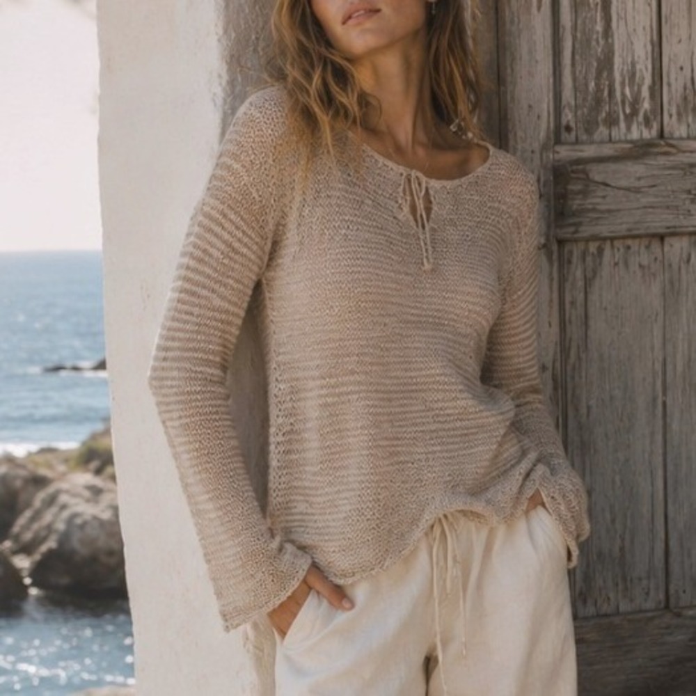 Loft Open Knit Sweater Linen Blend Tie Large Tan Coastal Boho Airy Summer Beach